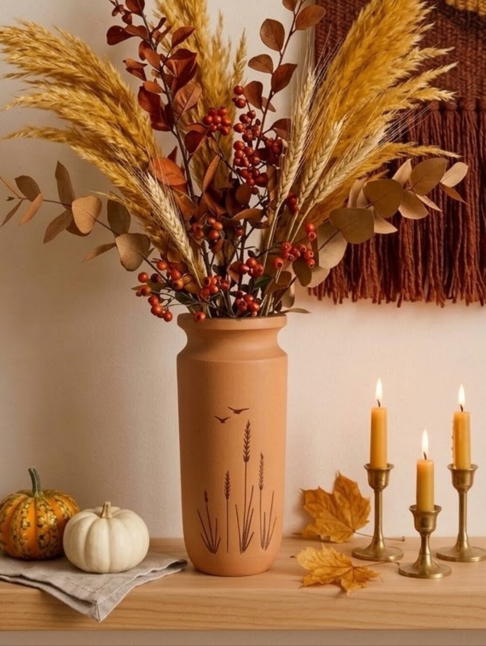 Solid Wood Vase Burnt Engraved Wheat and Birds